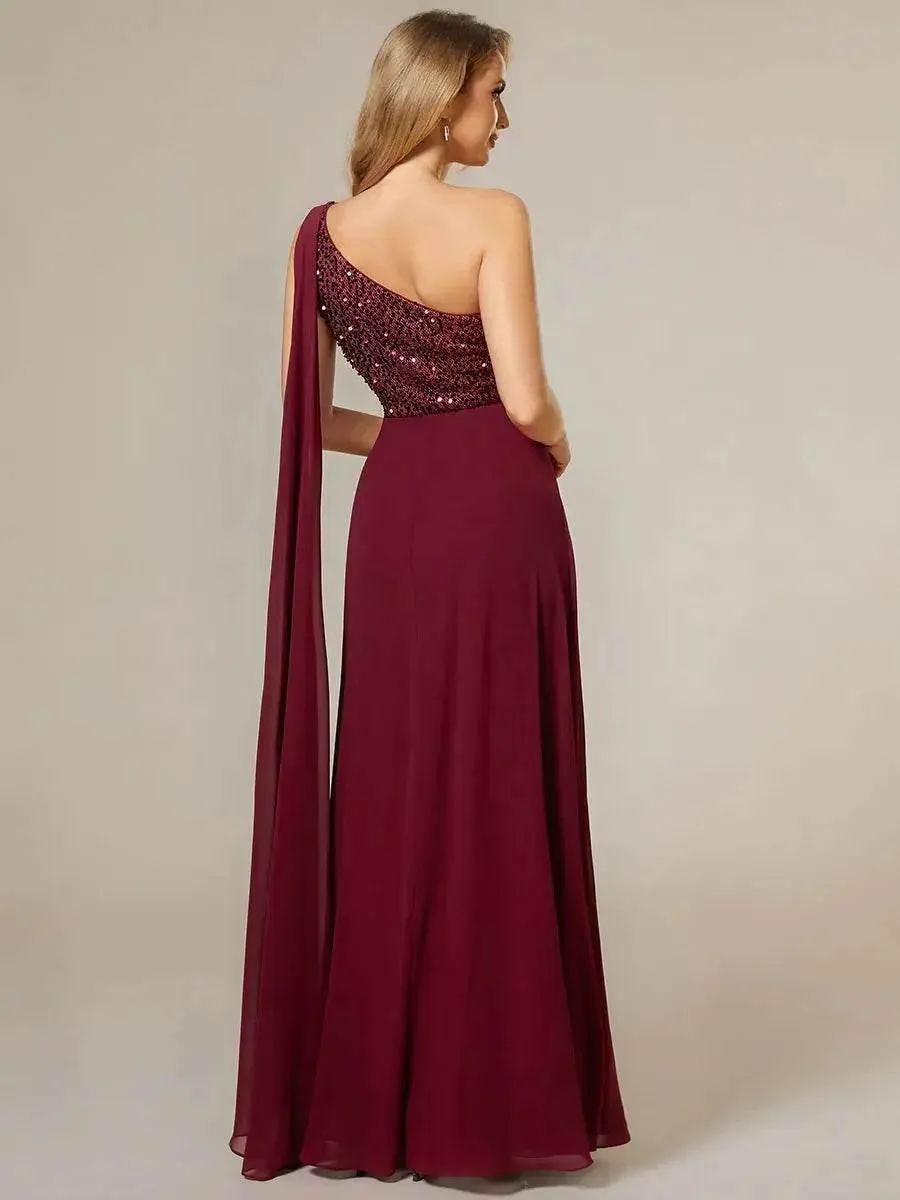 Shiny Sequin Chiffon One Shoulder Sleeveless Dresses