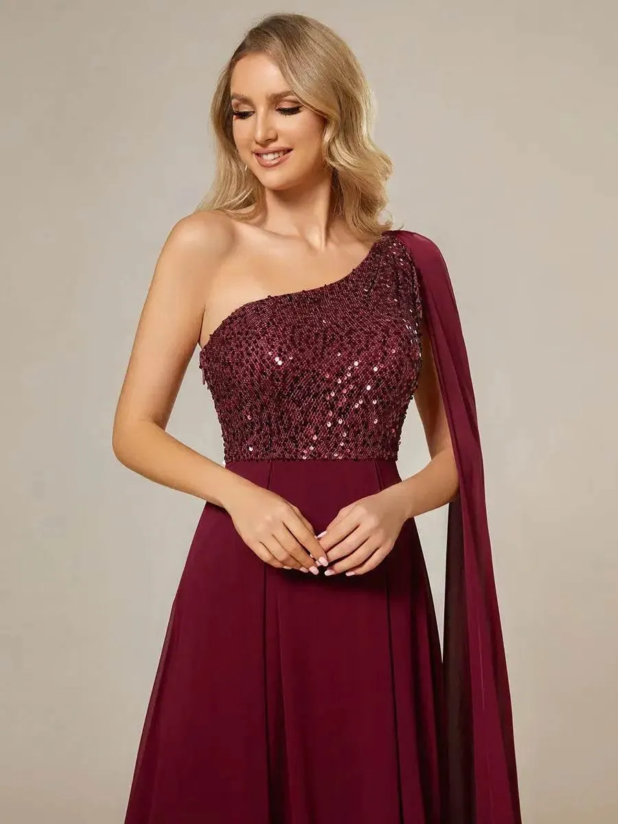 Shiny Sequin Chiffon One Shoulder Sleeveless Dresses