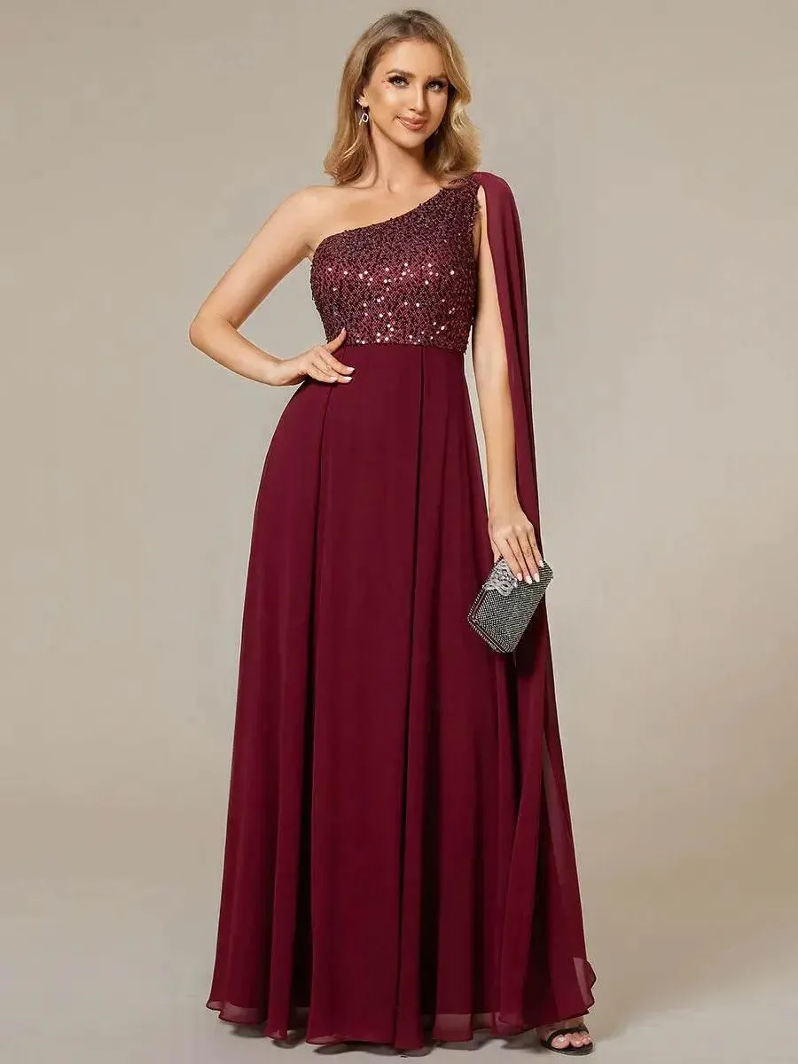 Shiny Sequin Chiffon One Shoulder Sleeveless Dresses