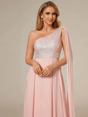 Shiny Sequin Chiffon One Shoulder Sleeveless Dresses