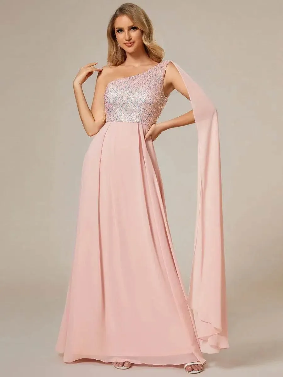 Shiny Sequin Chiffon One Shoulder Sleeveless Dresses