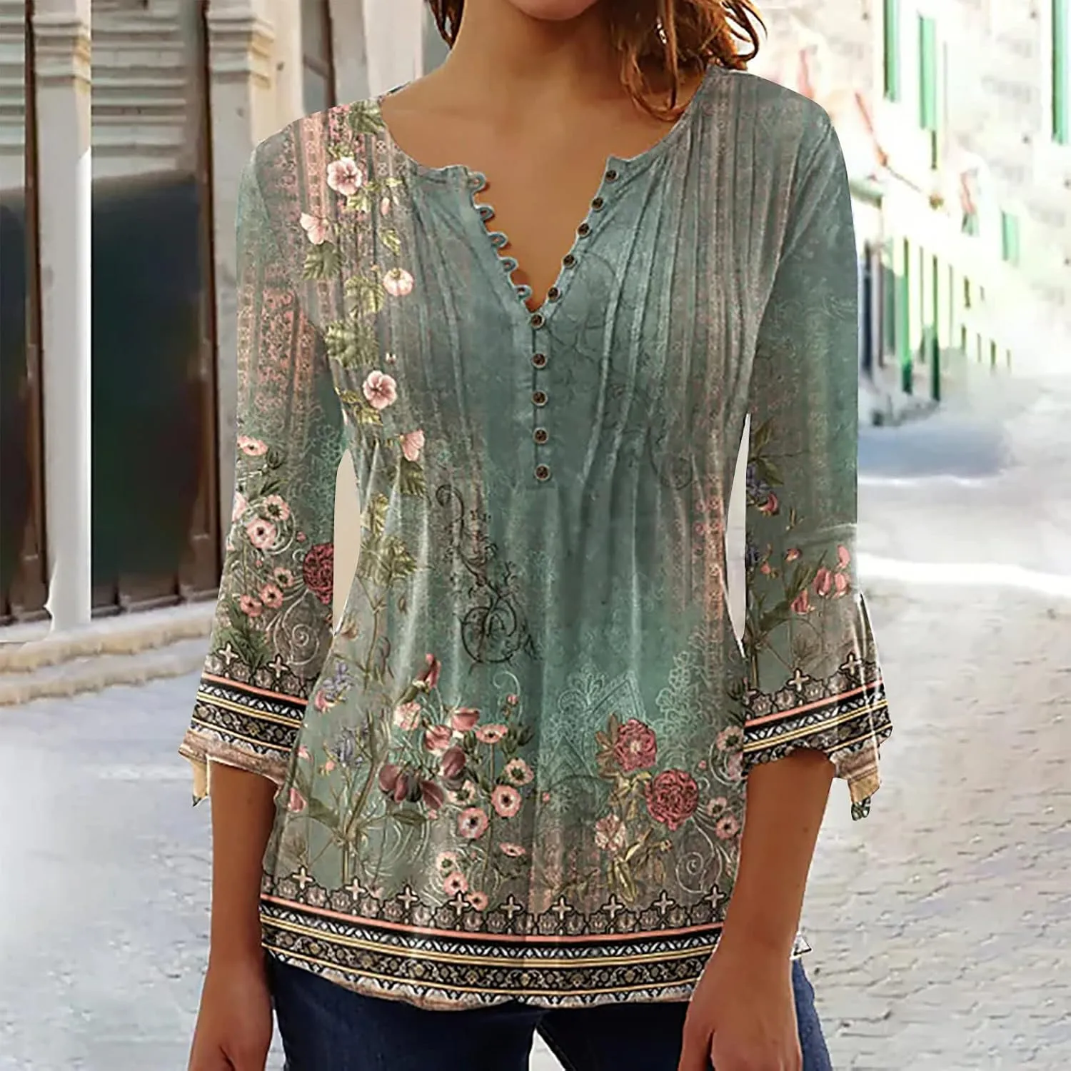 SMIDOW 3/4 Sleeve t-Shirt Shirts For Women Casual Summer Trendy Graphic Tees Floral Print v Neck Empire Waist Tunic Tops