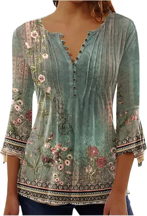 SMIDOW 3/4 Sleeve t-Shirt Shirts For Women Casual Summer Trendy Graphic Tees Floral Print v Neck Empire Waist Tunic Tops