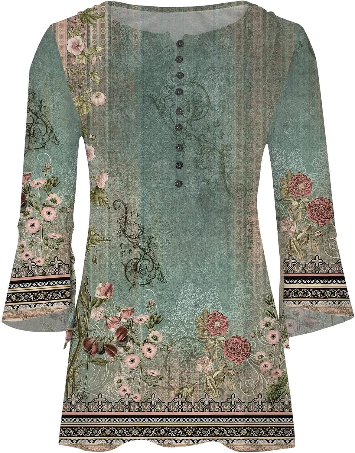 SMIDOW 3/4 Sleeve t-Shirt Shirts For Women Casual Summer Trendy Graphic Tees Floral Print v Neck Empire Waist Tunic Tops