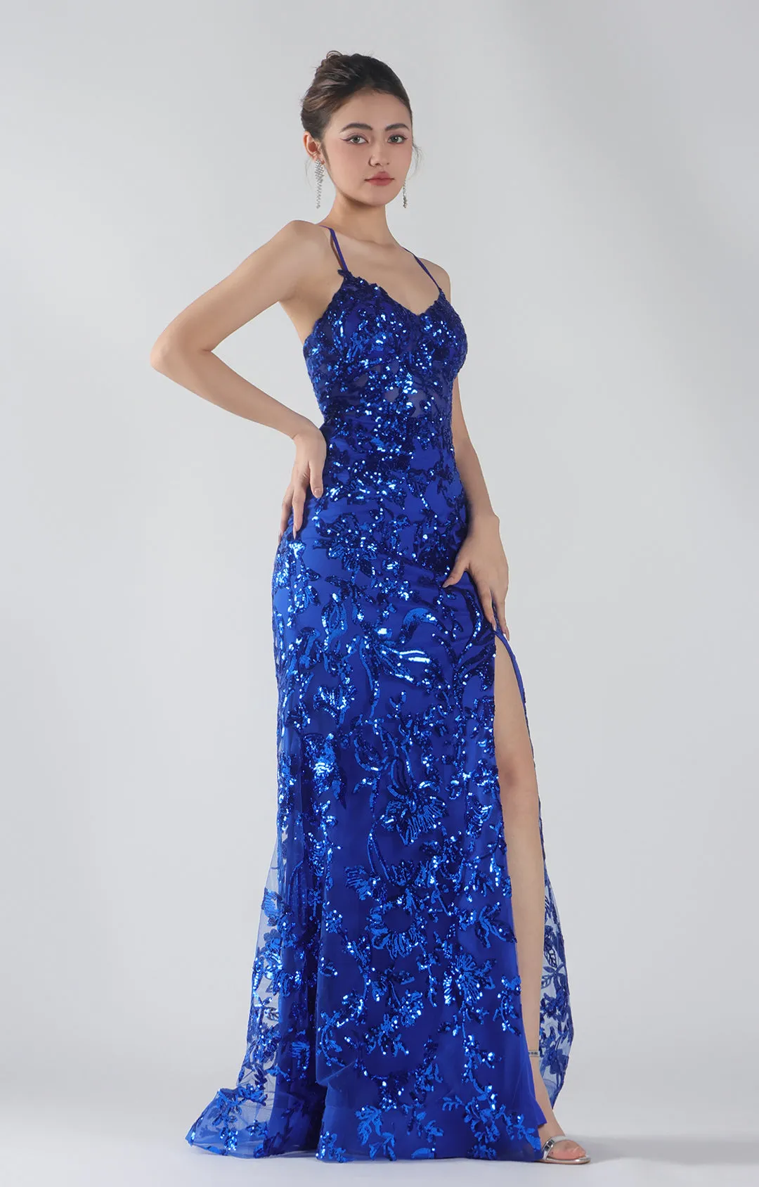 Spaghetti Straps V-Neck Lace-Up High Side Split Sequins Maxi Dress