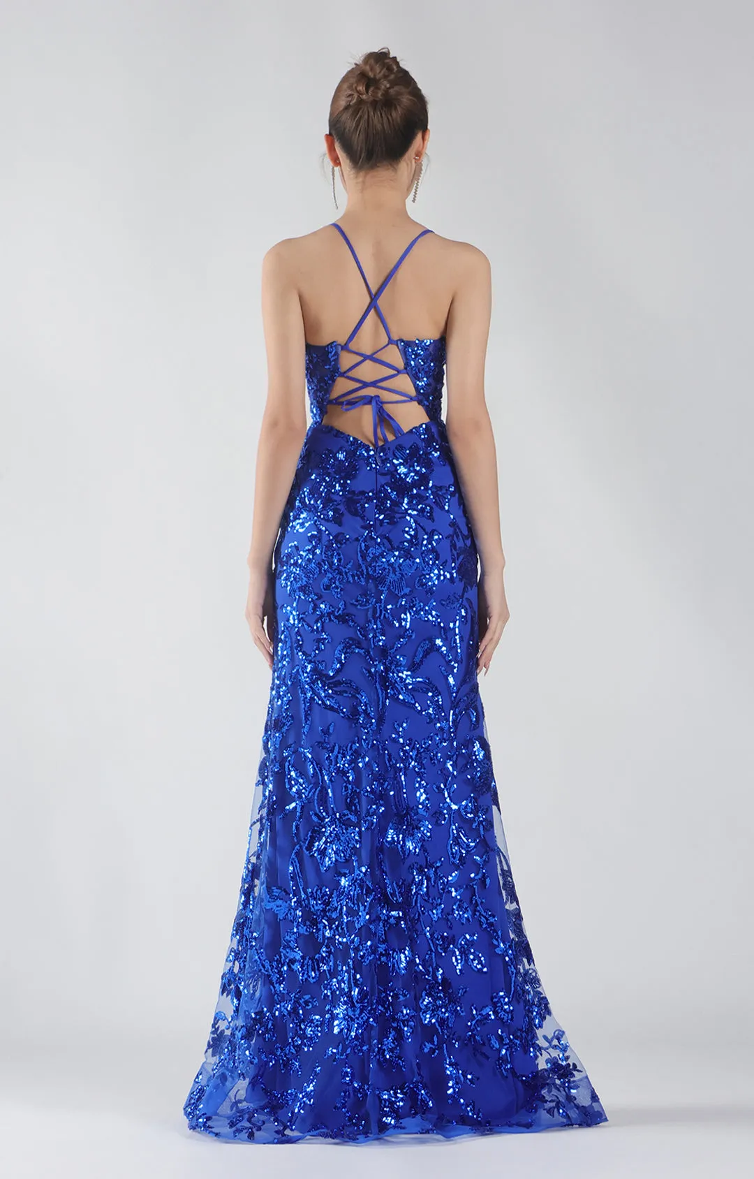 Spaghetti Straps V-Neck Lace-Up High Side Split Sequins Maxi Dress