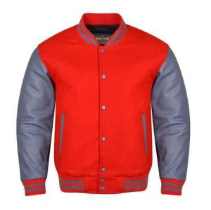 Spine Spark Red Wool Varsity Jacket Grey Leather Sleeves