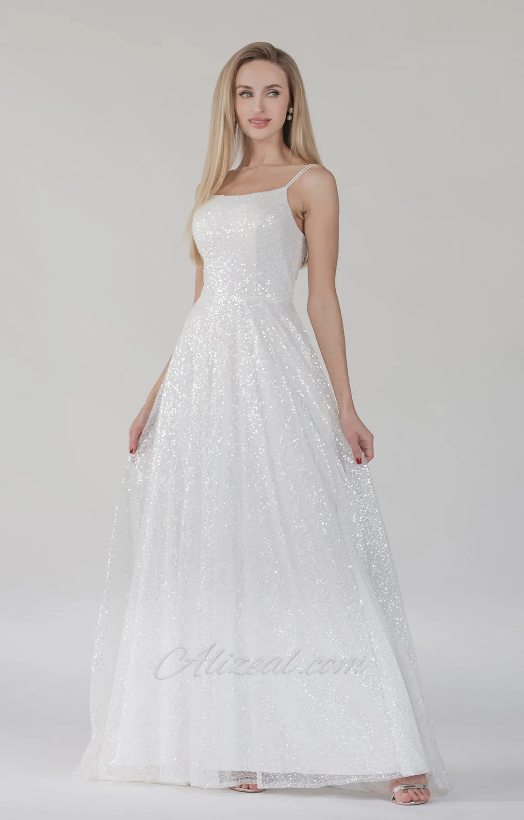 Square Collar A-Line Double Spaghetti Straps Lace-up Maxi Dress