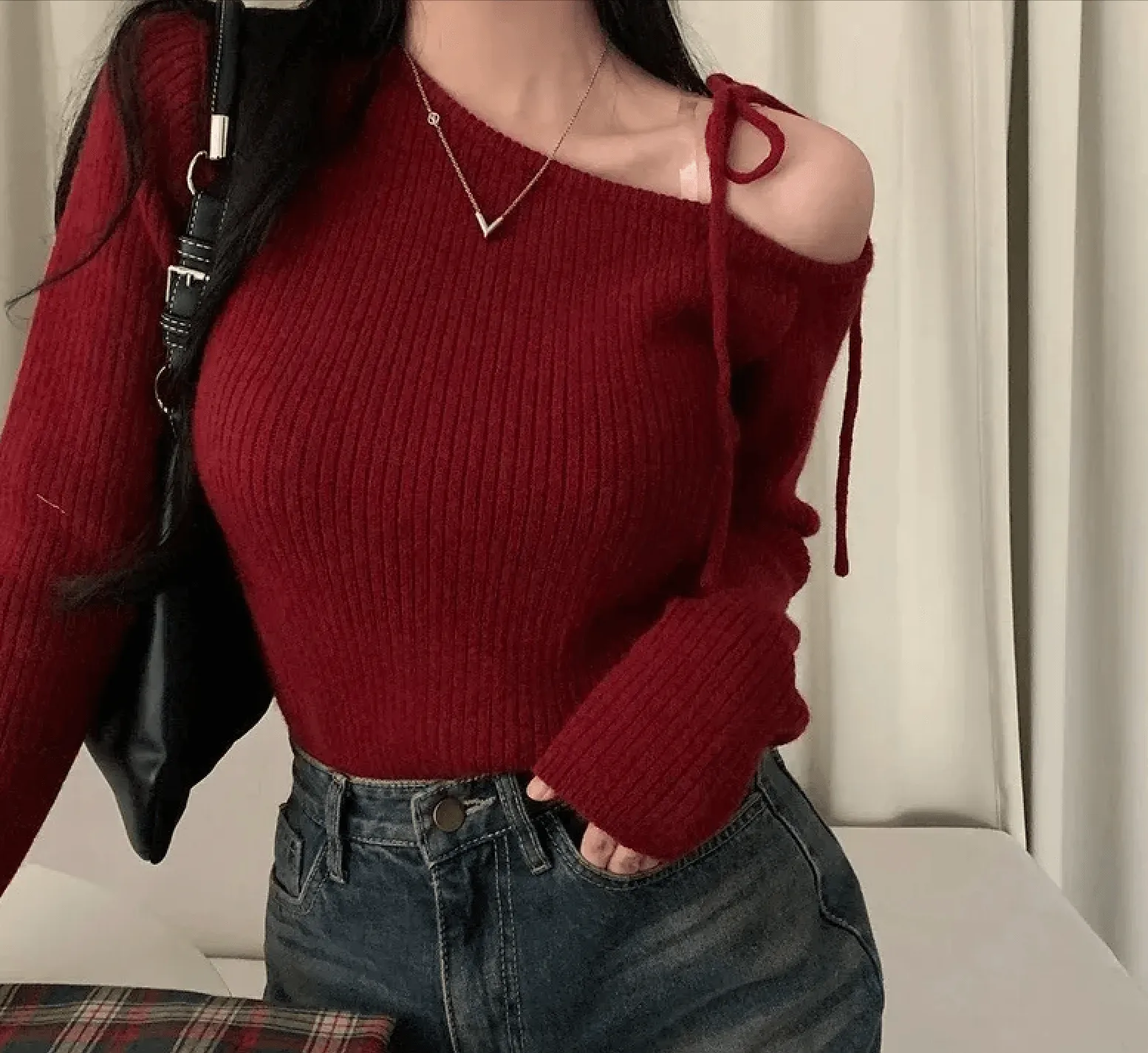 Trendy Women’s Slanted Collar Pullover – Irregular Knitted Top for Autumn & Winter