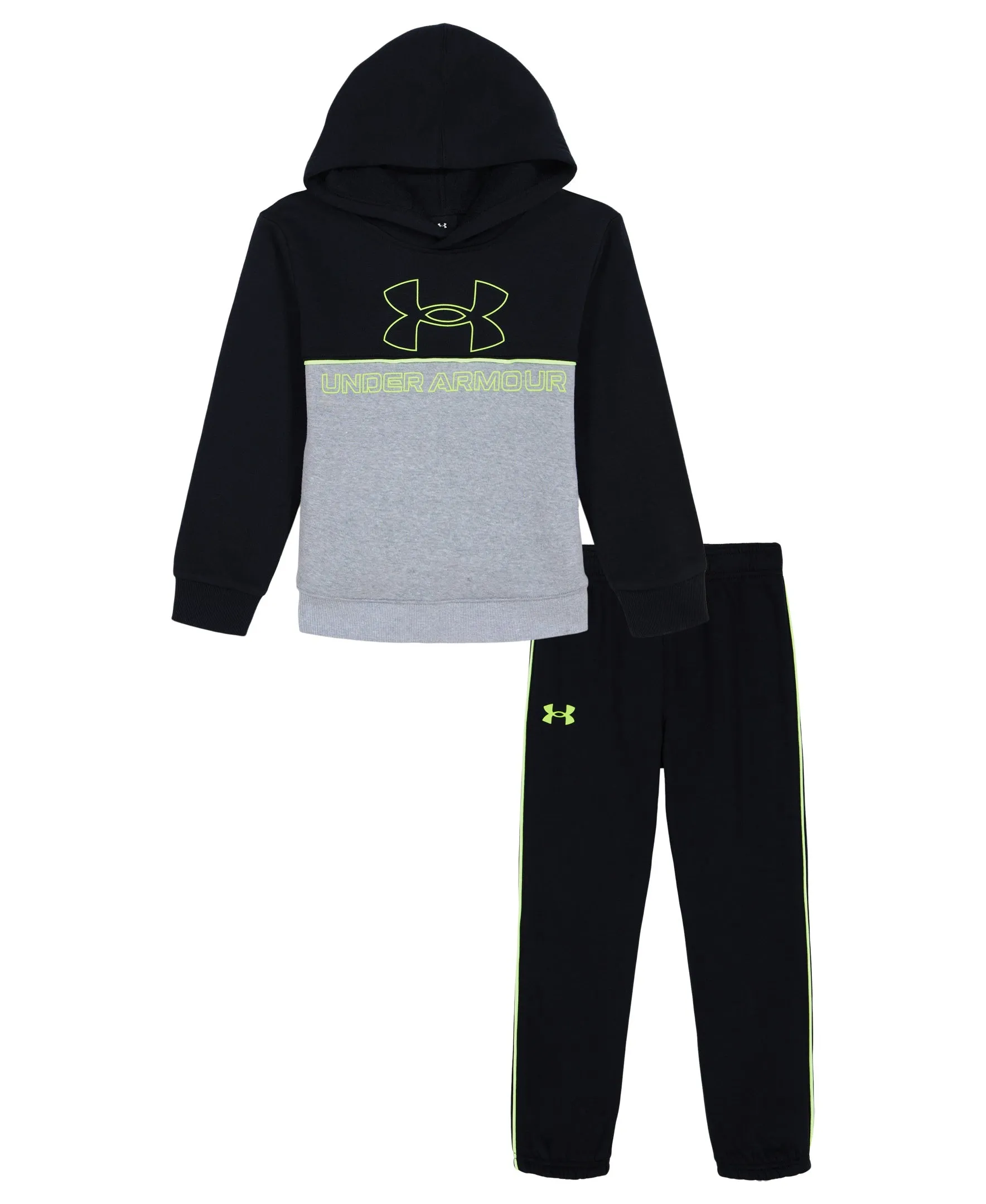 Under Armour Little Boys' UA Rival Colorblock Hoodie and  Joggers Set - Black / Castlerock Full Heather / High Vis Yellow