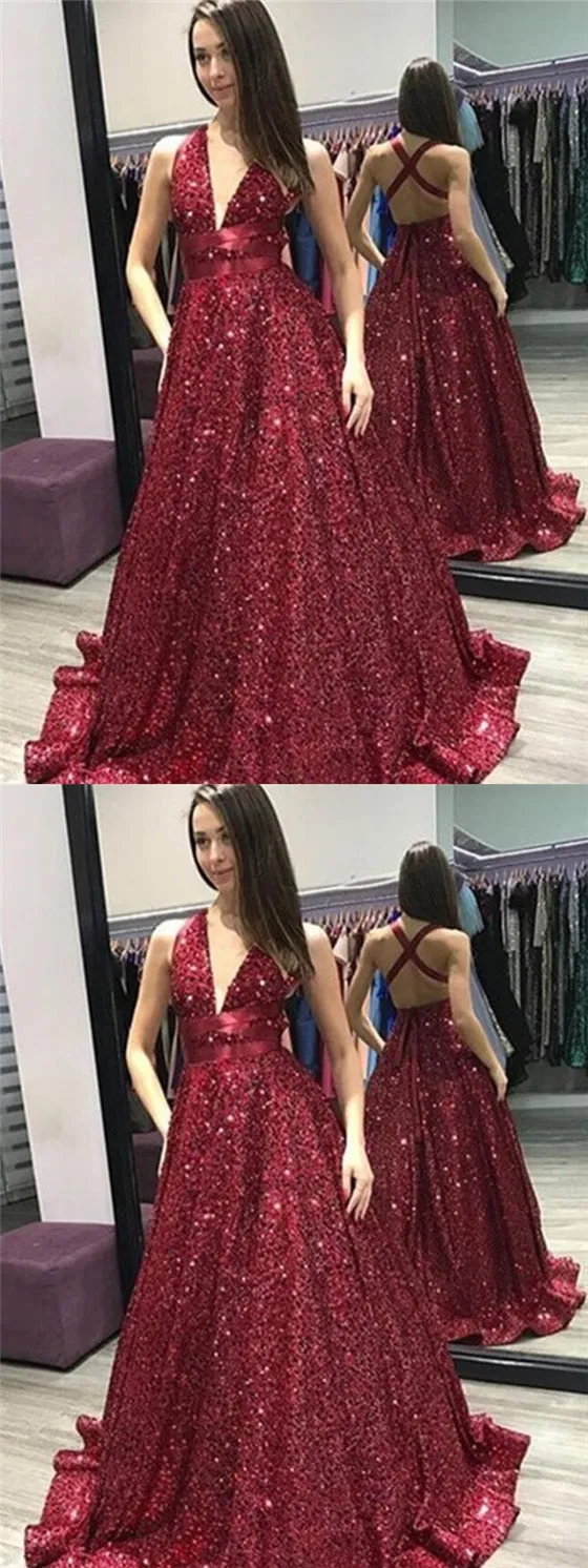 V-neck Dark Red Sequin Long A-line Shiny Prom Dresses