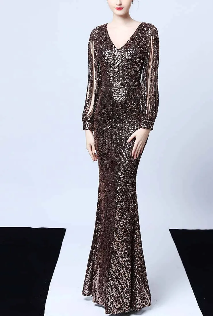 V-neck Fishtail Shiny Sequin Prom Dress