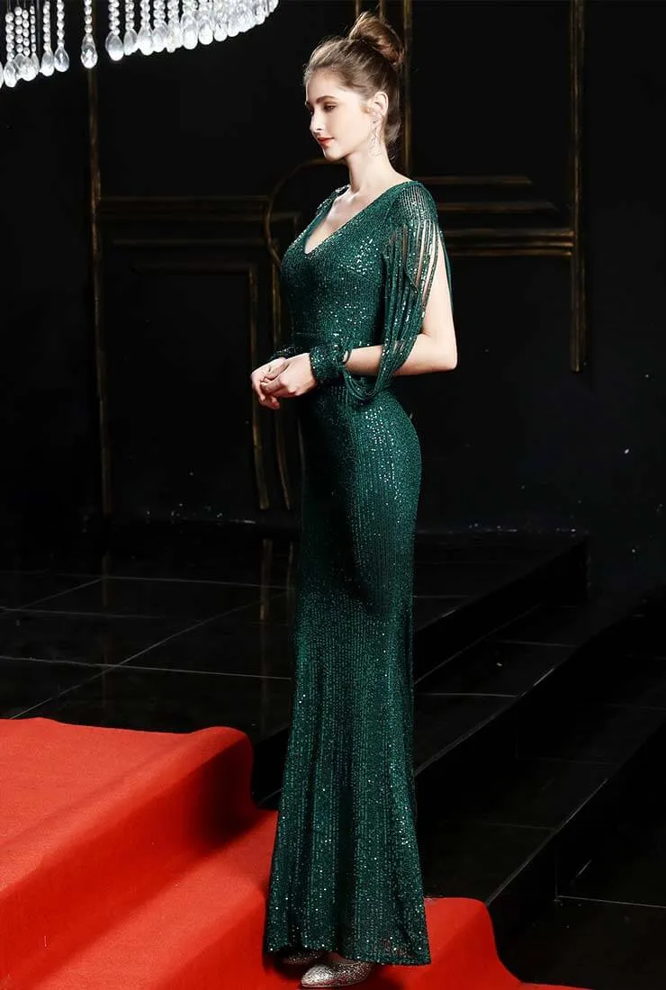 V-neck Fishtail Shiny Sequin Prom Dress