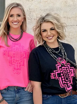 Western Aztec in Neon Pink Puff Ink Tee