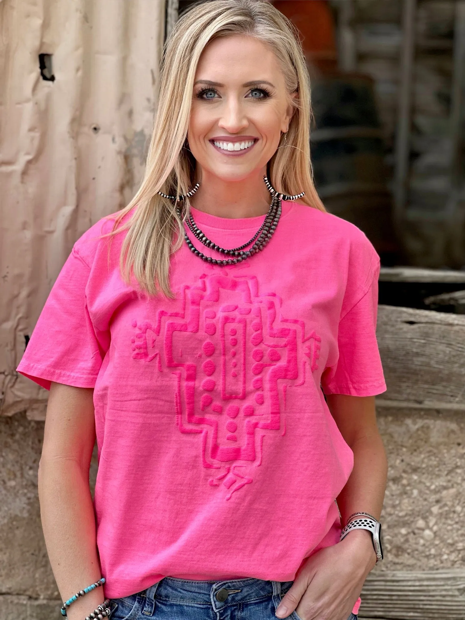Western Aztec in Neon Pink Puff Ink Tee