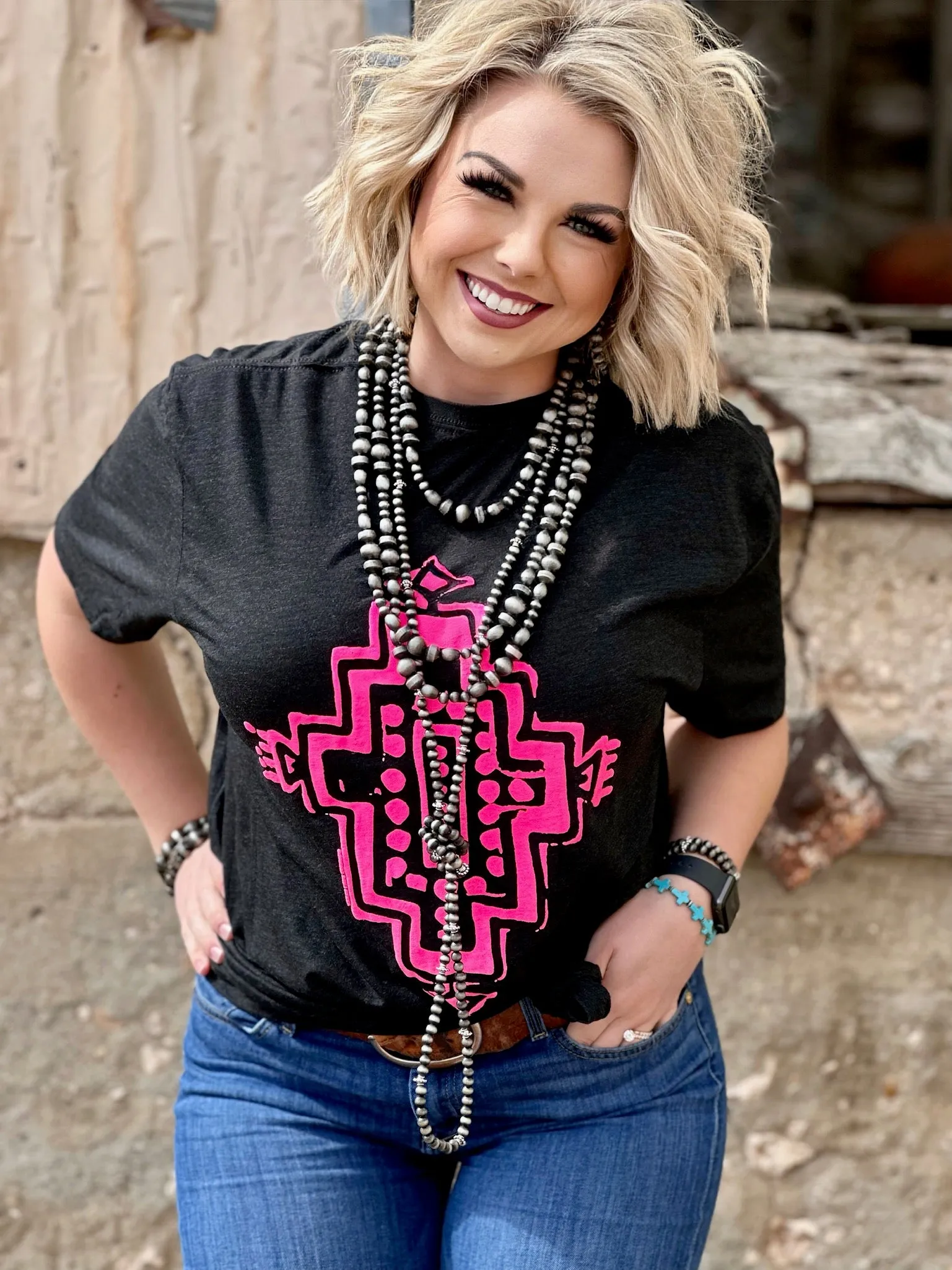 Western Aztec in Neon Pink Puff Ink Tee