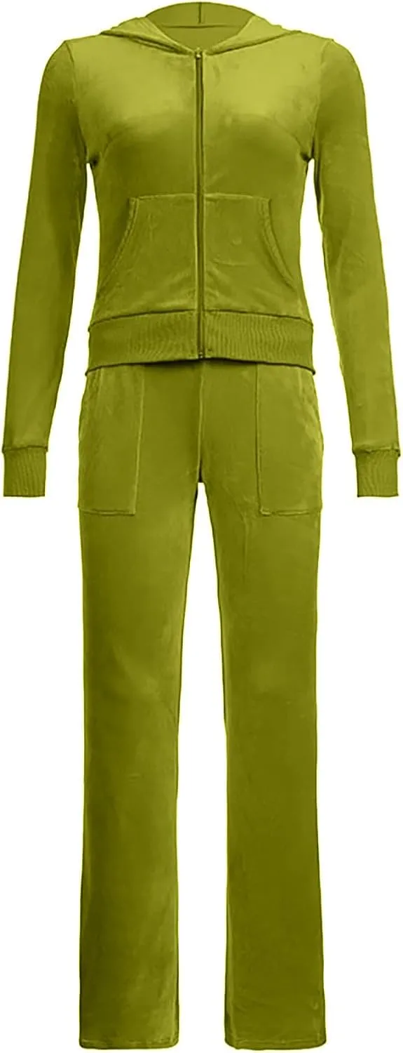 Women 2 Piece Velour Tracksuits Long Sleeve Full Zip Hoodie Cropped Jacket and Sweatpants Velvet Y2K Sweatsuit Set