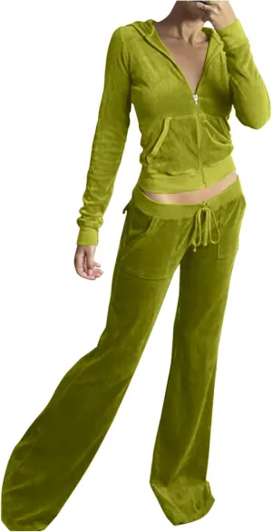 Women 2 Piece Velour Tracksuits Long Sleeve Full Zip Hoodie Cropped Jacket and Sweatpants Velvet Y2K Sweatsuit Set