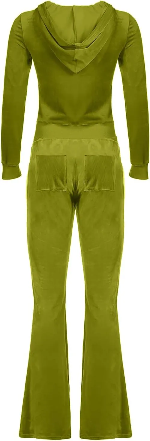 Women 2 Piece Velour Tracksuits Long Sleeve Full Zip Hoodie Cropped Jacket and Sweatpants Velvet Y2K Sweatsuit Set