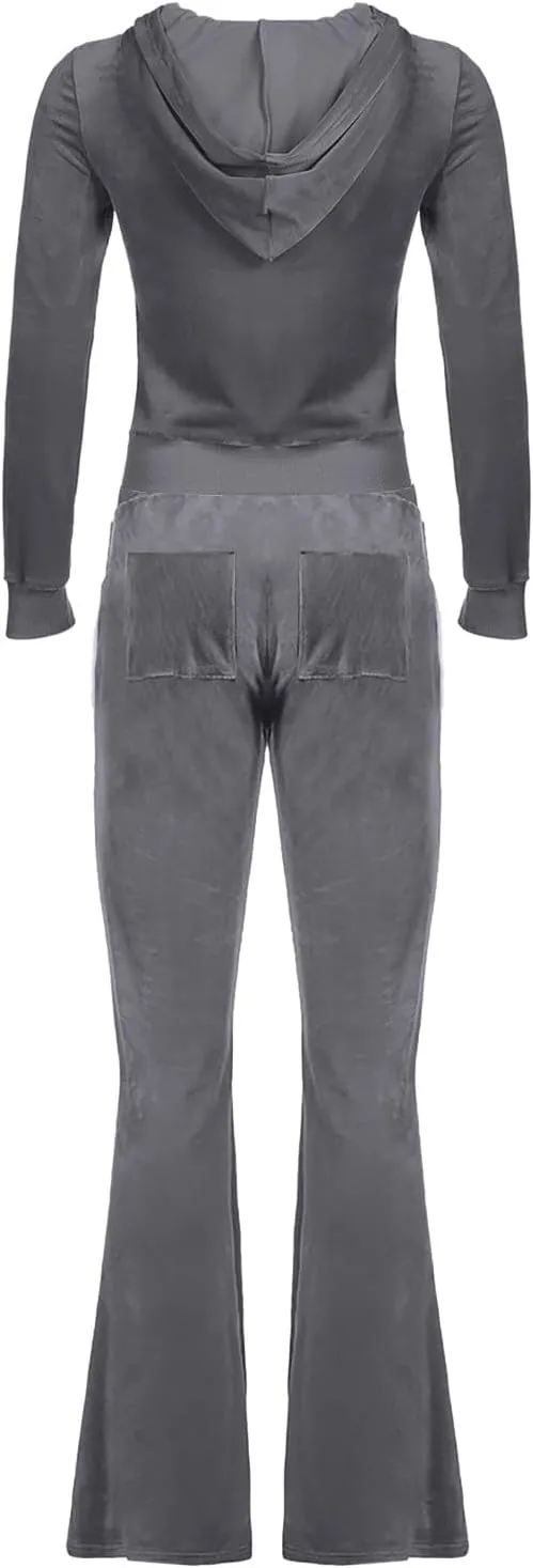 Women 2 Piece Velour Tracksuits Long Sleeve Full Zip Hoodie Cropped Jacket and Sweatpants Velvet Y2K Sweatsuit Set