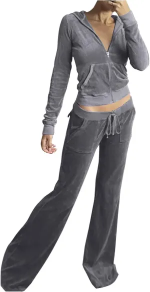 Women 2 Piece Velour Tracksuits Long Sleeve Full Zip Hoodie Cropped Jacket and Sweatpants Velvet Y2K Sweatsuit Set