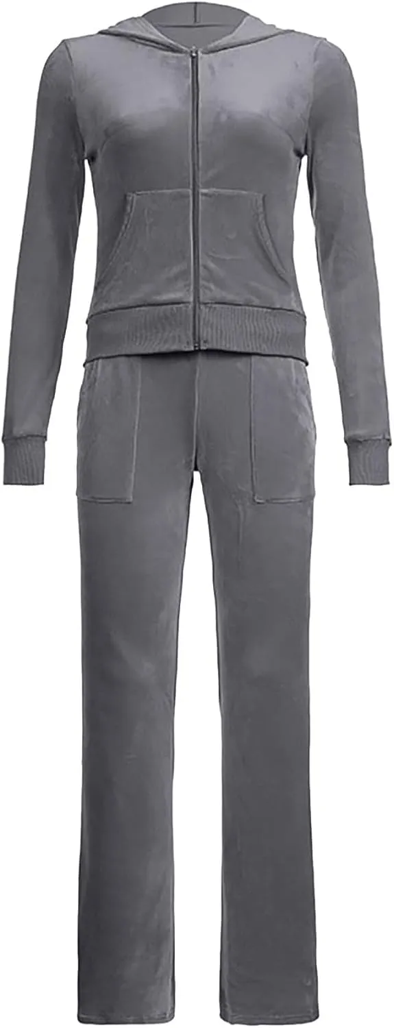Women 2 Piece Velour Tracksuits Long Sleeve Full Zip Hoodie Cropped Jacket and Sweatpants Velvet Y2K Sweatsuit Set