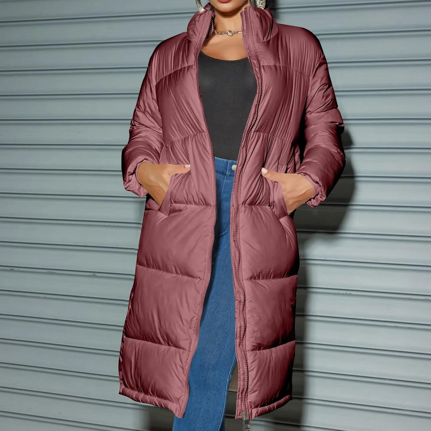 Women Knee-length Quilted Puffer Coats Stand Zipper Down Padded Cotton Winter Warm Outerwear Outdoor Hiking Jacket