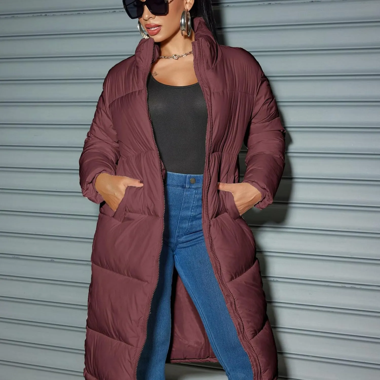 Women Knee-length Quilted Puffer Coats Stand Zipper Down Padded Cotton Winter Warm Outerwear Outdoor Hiking Jacket