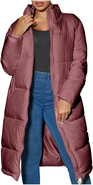 Women Knee-length Quilted Puffer Coats Stand Zipper Down Padded Cotton Winter Warm Outerwear Outdoor Hiking Jacket