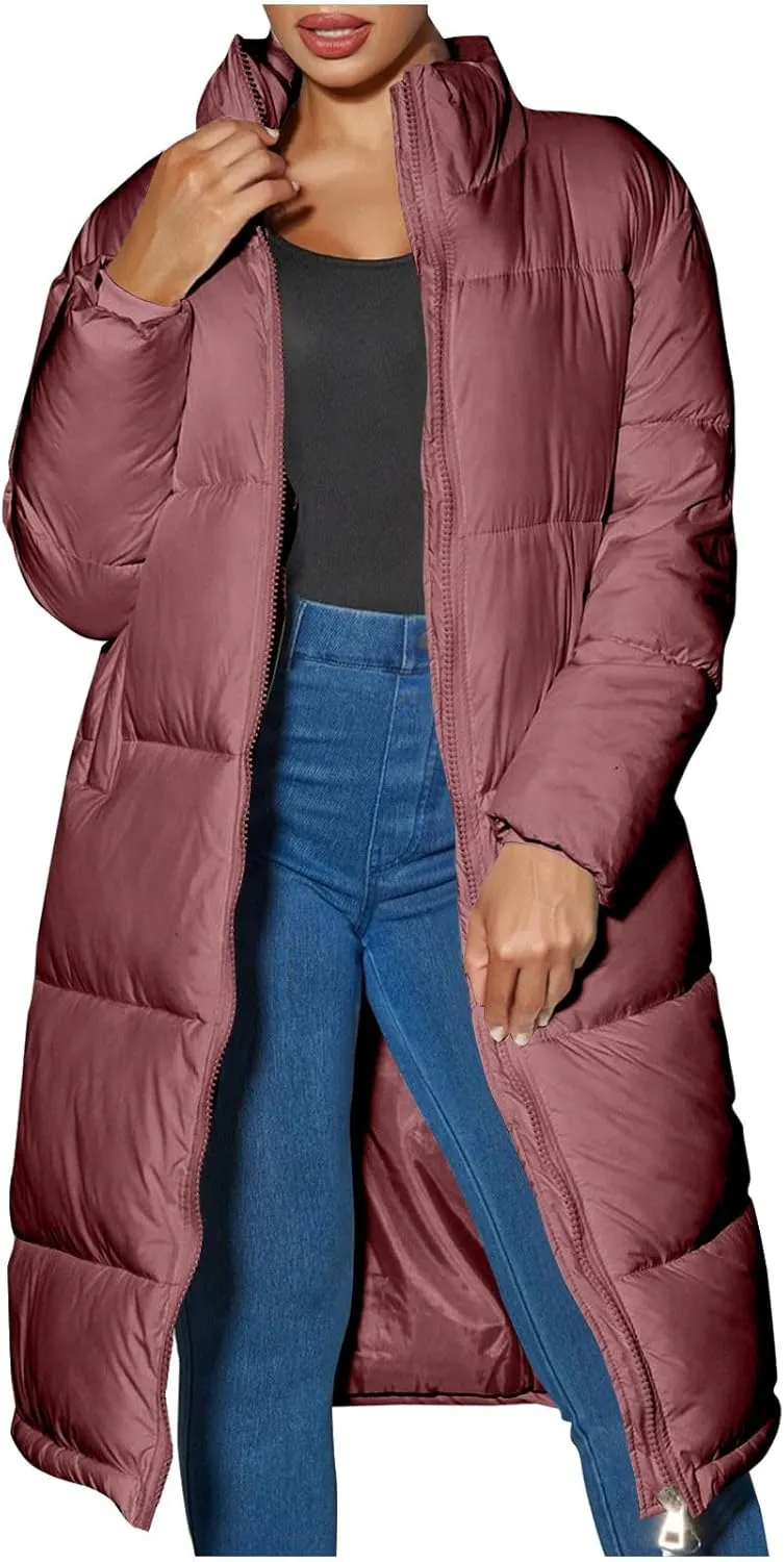 Women Knee-length Quilted Puffer Coats Stand Zipper Down Padded Cotton Winter Warm Outerwear Outdoor Hiking Jacket