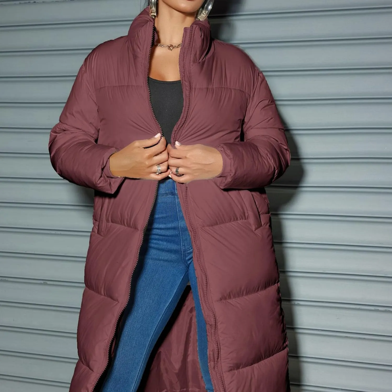 Women Knee-length Quilted Puffer Coats Stand Zipper Down Padded Cotton Winter Warm Outerwear Outdoor Hiking Jacket