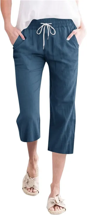 Womens Capri Pants Drawstring Elastic Waist Linen Pant Straight Wide Leg Cropped Pants Trouser with Pockets
