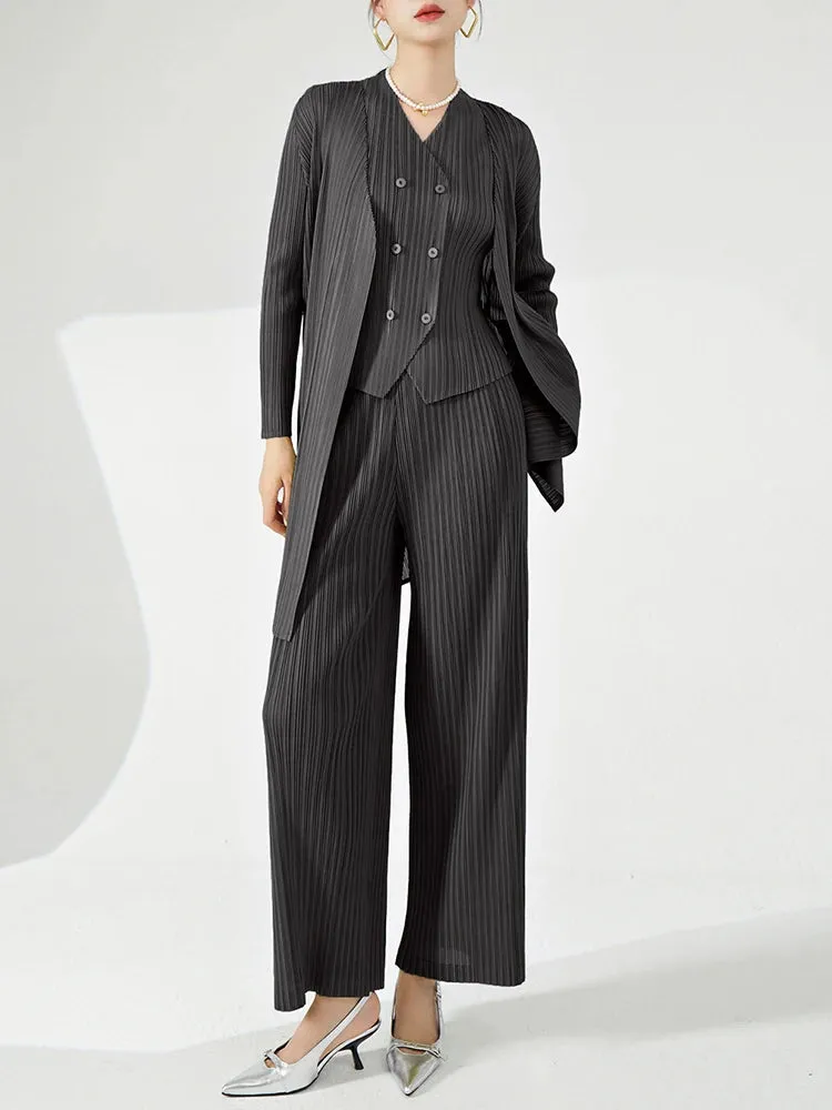 Women's Luxe 3-Piece Pleated Vest, Long Coat, Pants Set