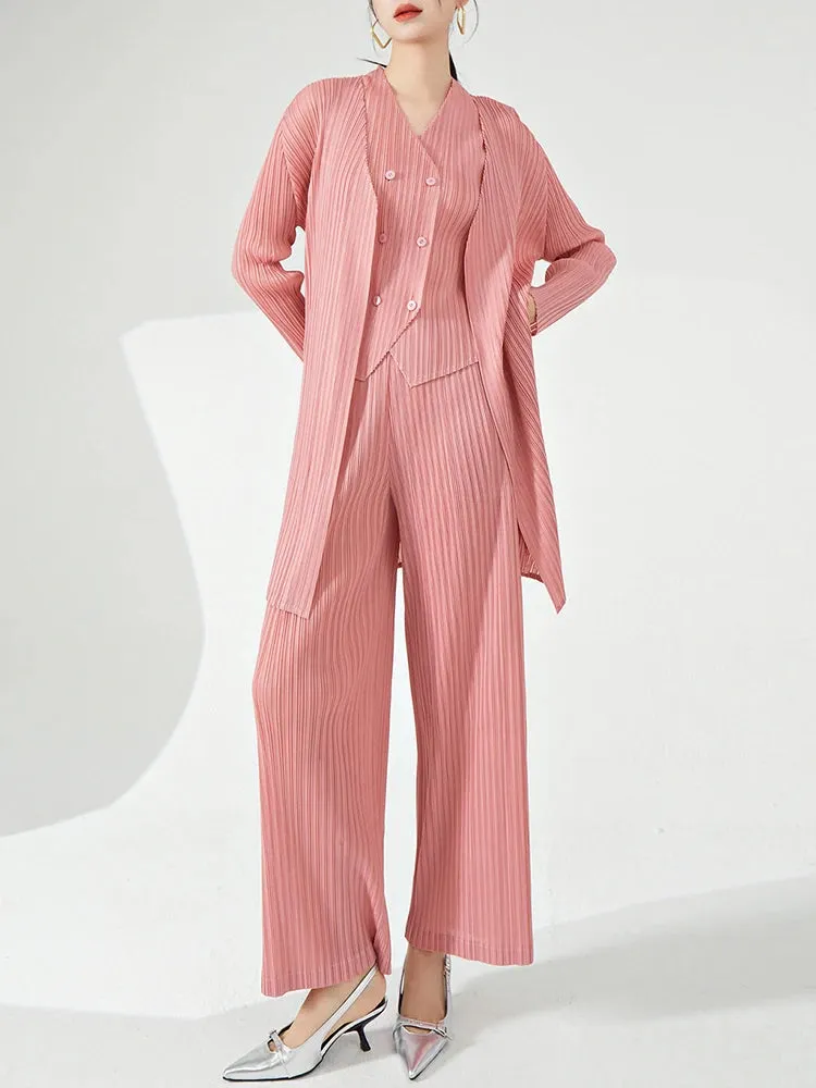 Women's Luxe 3-Piece Pleated Vest, Long Coat, Pants Set