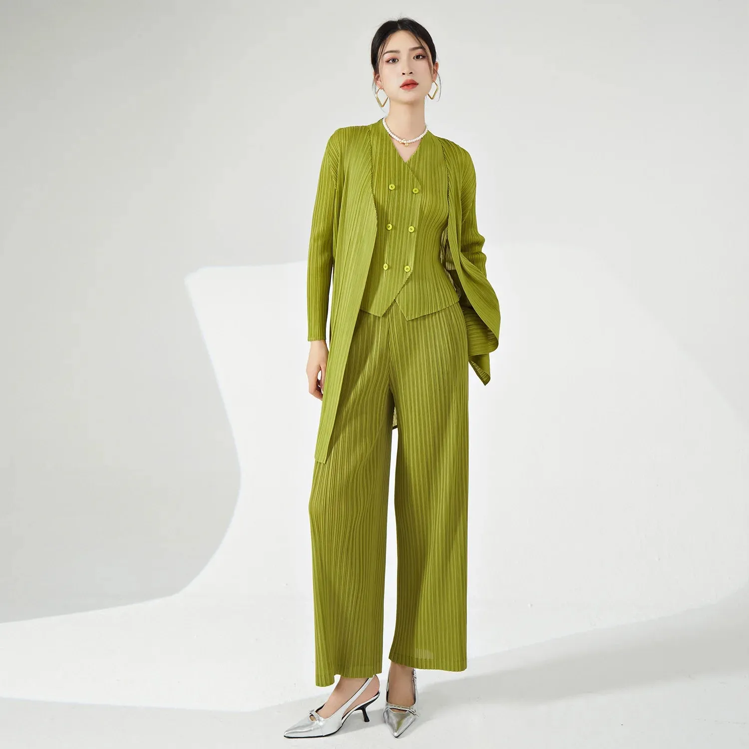 Women's Luxe 3-Piece Pleated Vest, Long Coat, Pants Set