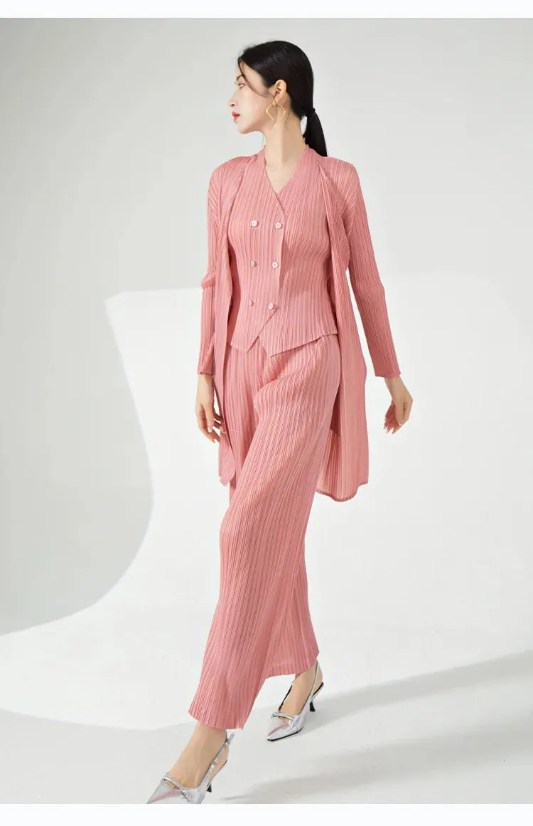 Women's Luxe 3-Piece Pleated Vest, Long Coat, Pants Set