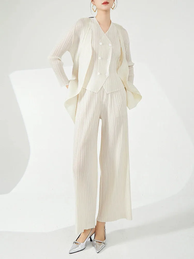 Women's Luxe 3-Piece Pleated Vest, Long Coat, Pants Set