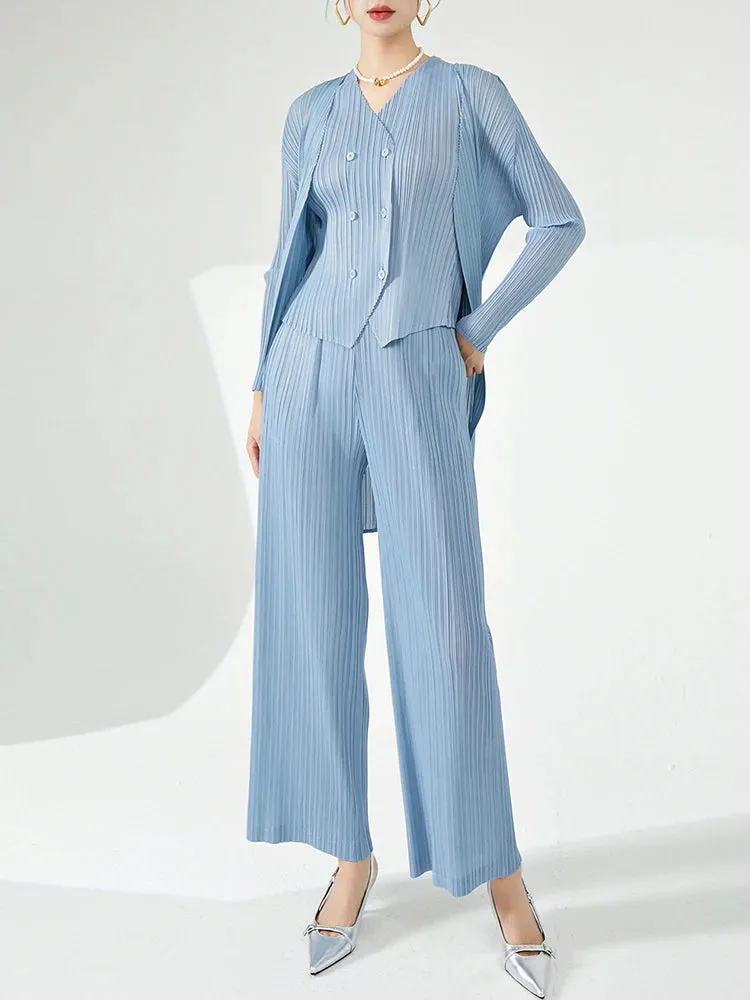 Women's Luxe 3-Piece Pleated Vest, Long Coat, Pants Set