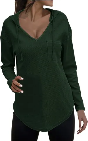 Women's V-neck long-sleeved shirt Fall Sweatshirt Loose Fit Casual Tops Trendy Clothing with Pockets 2024