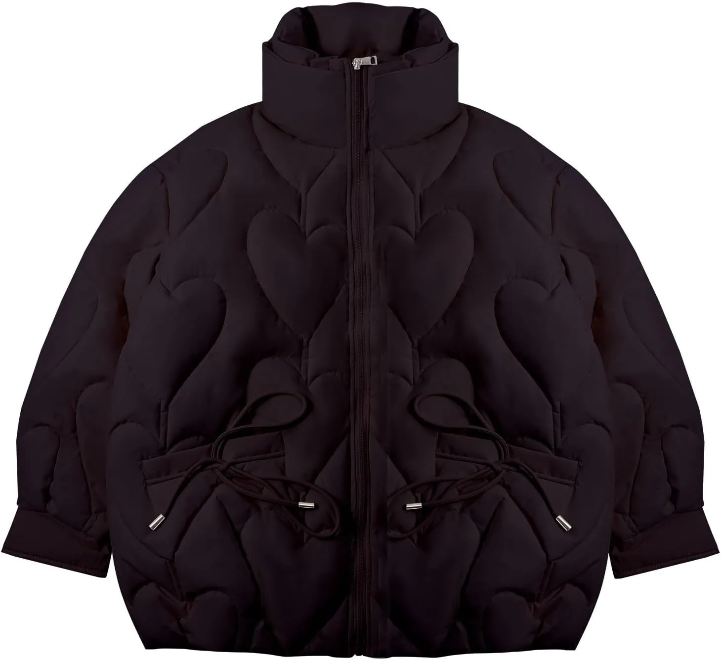 Womens Winter Quilted Jacket Loose Fit Stand Collar Zipper Down Coat Solid Color Warm Padded Fluffy Coats with Pockets