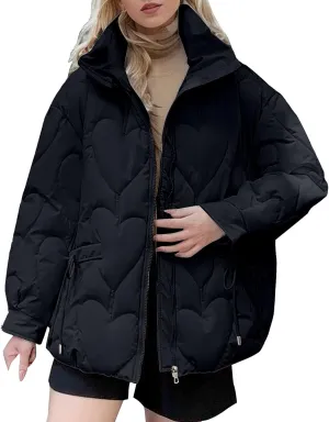 Womens Winter Quilted Jacket Loose Fit Stand Collar Zipper Down Coat Solid Color Warm Padded Fluffy Coats with Pockets