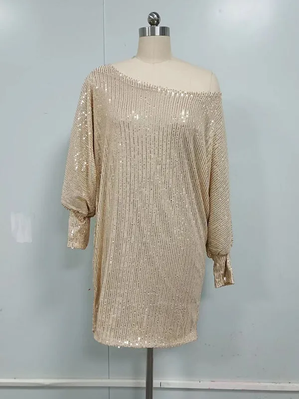 xakxx A-Line Loose Asymmetric Sequined Solid Color One-Shoulder Mini Dresses
