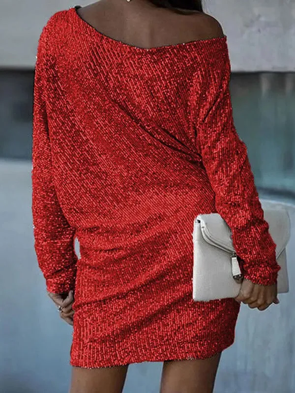 xakxx A-Line Loose Asymmetric Sequined Solid Color One-Shoulder Mini Dresses