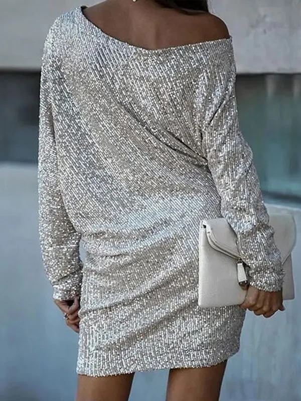 xakxx A-Line Loose Asymmetric Sequined Solid Color One-Shoulder Mini Dresses