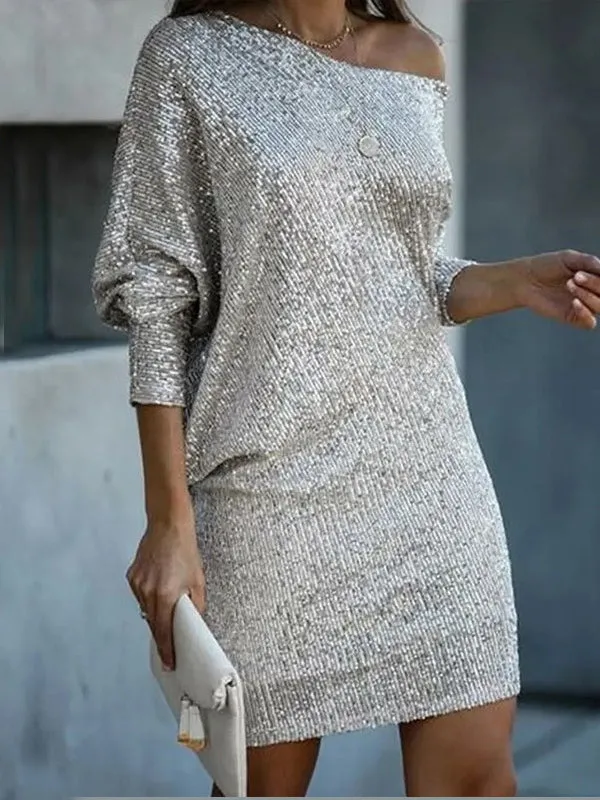 xakxx A-Line Loose Asymmetric Sequined Solid Color One-Shoulder Mini Dresses
