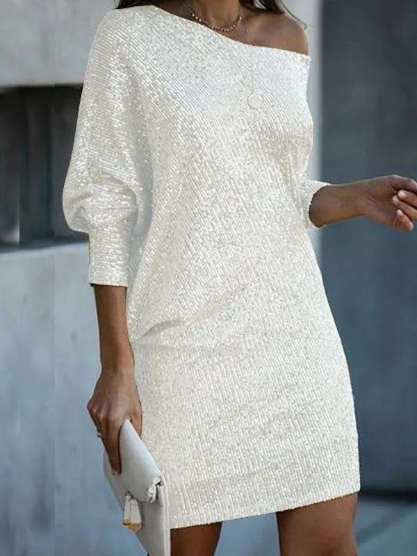 xakxx A-Line Loose Asymmetric Sequined Solid Color One-Shoulder Mini Dresses