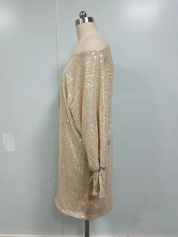 xakxx A-Line Loose Asymmetric Sequined Solid Color One-Shoulder Mini Dresses