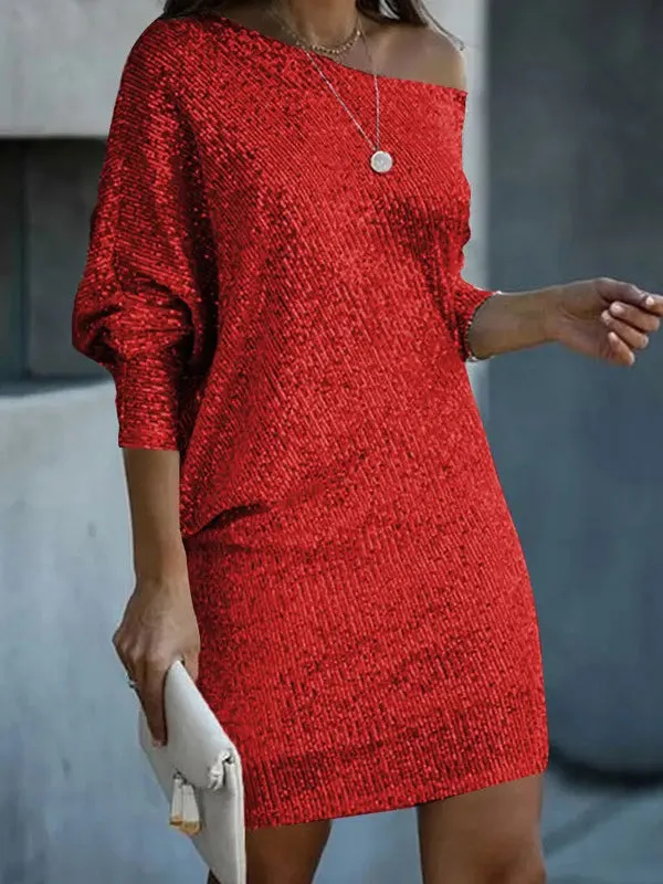 xakxx A-Line Loose Asymmetric Sequined Solid Color One-Shoulder Mini Dresses