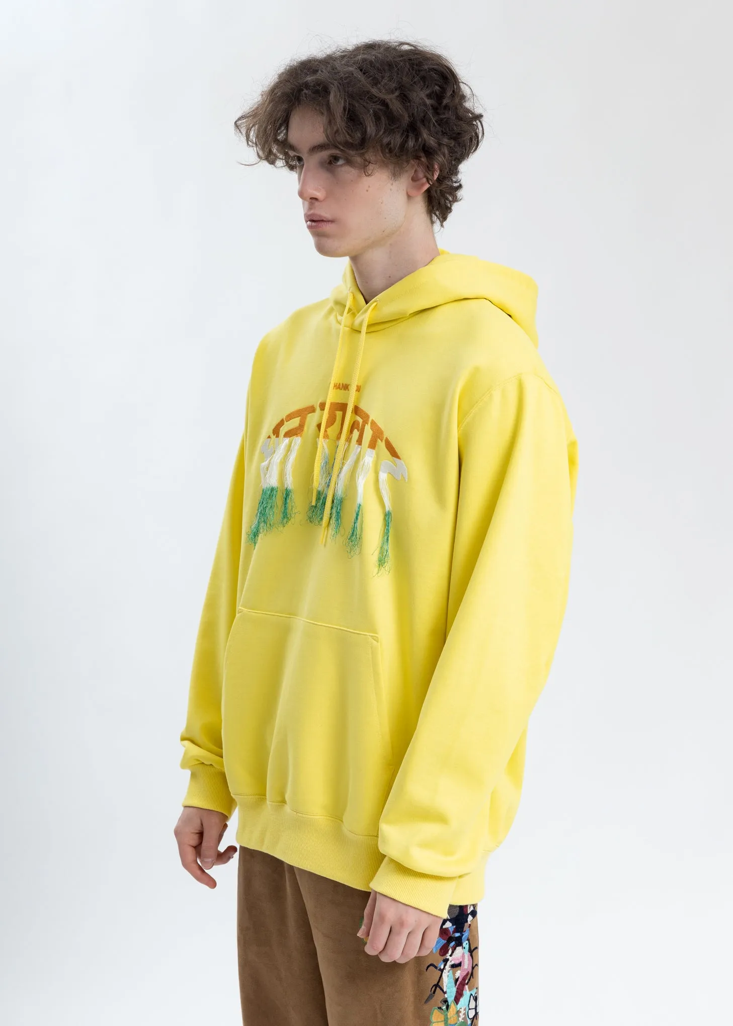 Yellow Thank You Fringe Embroidery Hoodie
