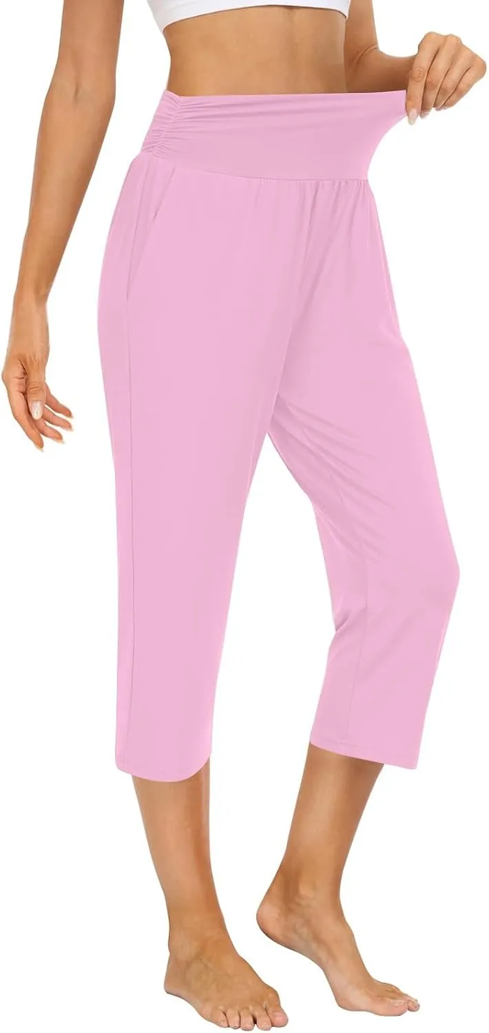 Yoga Capris with Pockets for Women Trendy Loose Fit Elastic High Waisted Capri Pants Comfy Stretch Cropped Pants